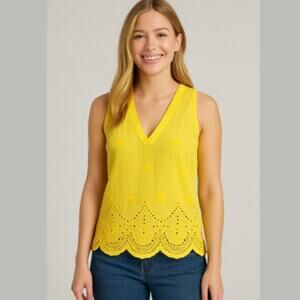 A NEW DAY Sunny Yellow V-neck Tank Top Eyelet Blouse Cotton Top size Small